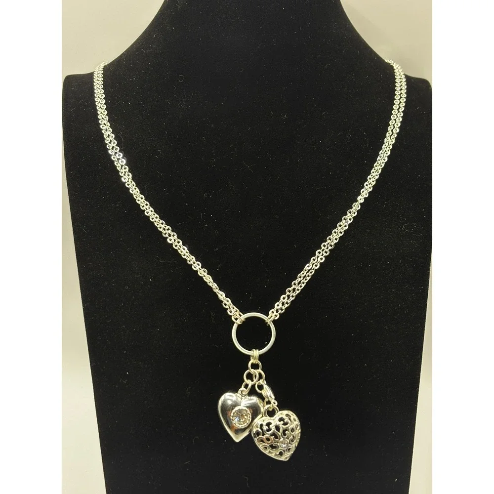 Candies Silver Tone Double Strand Heart Pendant Long Necklace 32 Inch Rhinestone